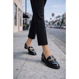 Sam Edelman Black Patent Leather Loafers with Gold Chain Accent